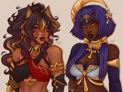 2 Characters, Fully Rendered, Simple Background + Complex Clothing